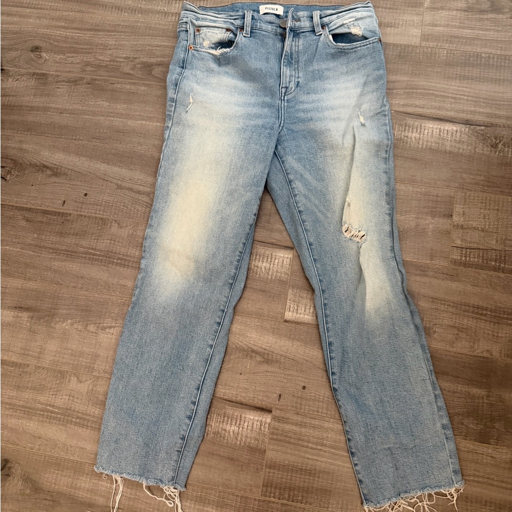 PISTOLA High Rise Light Wash Distressed Straight Leg Jeans
